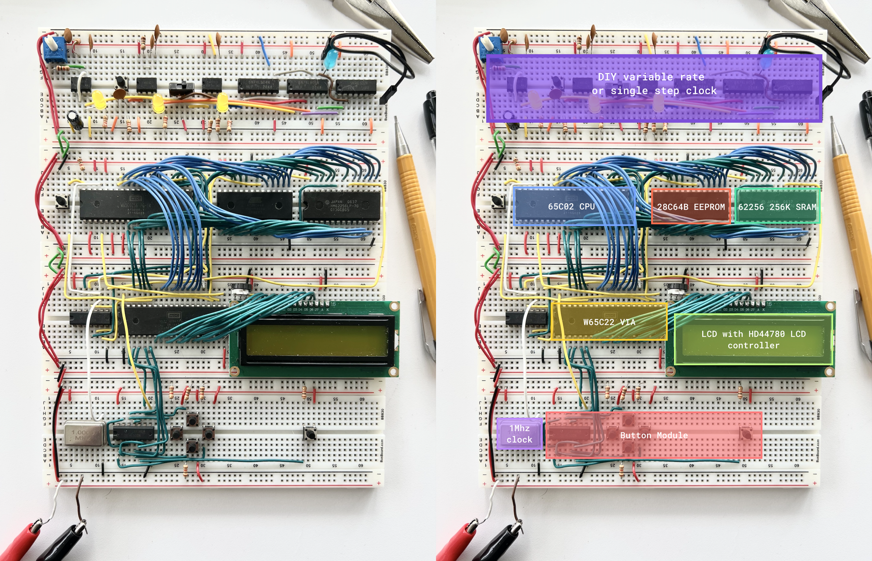 Annotated 6502 computer system on breadboards